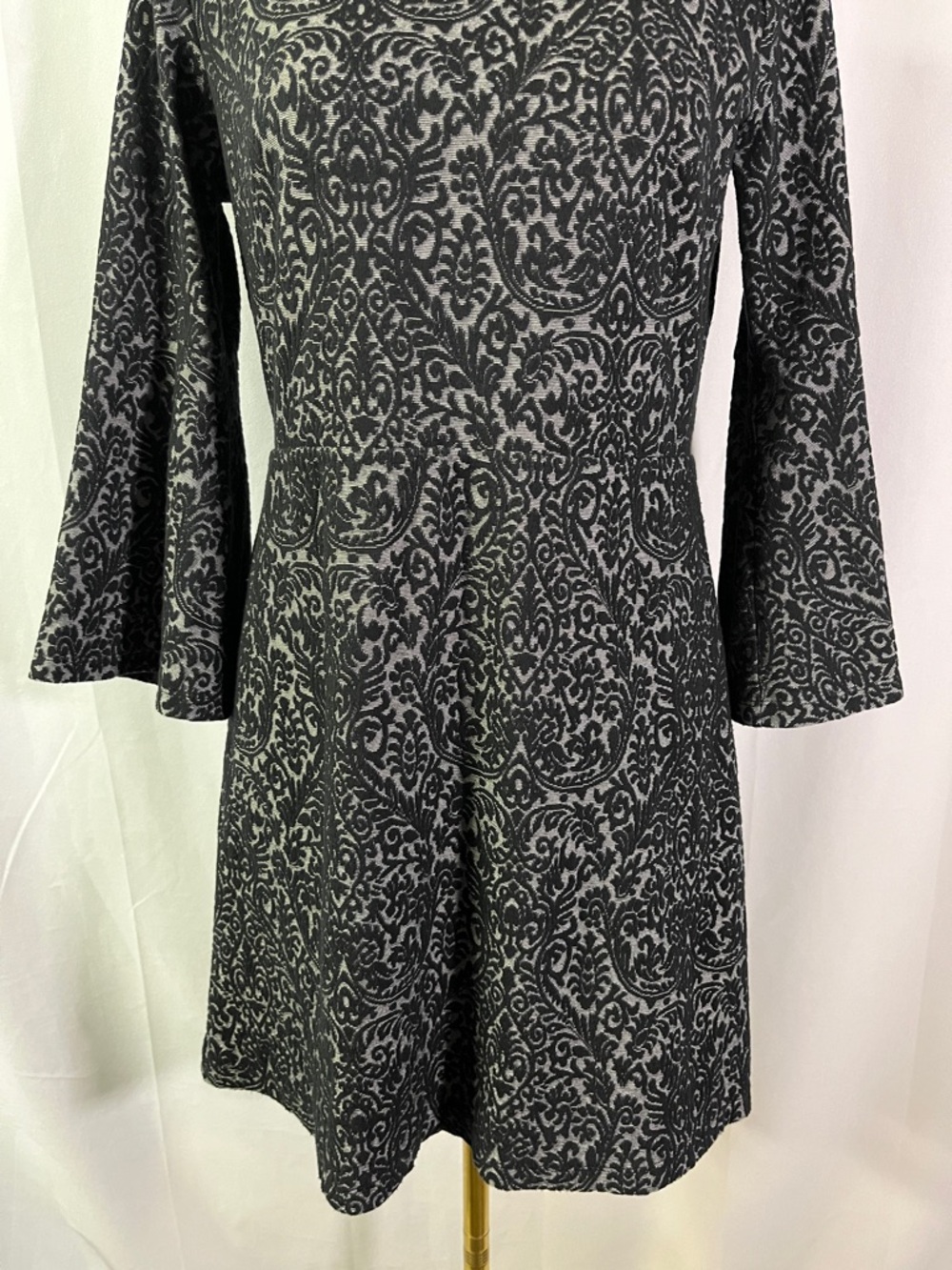 LOFT Black & Gray Jacquard Floral 3/4 Sleeve A-Line Dress - Picture 8 of 16